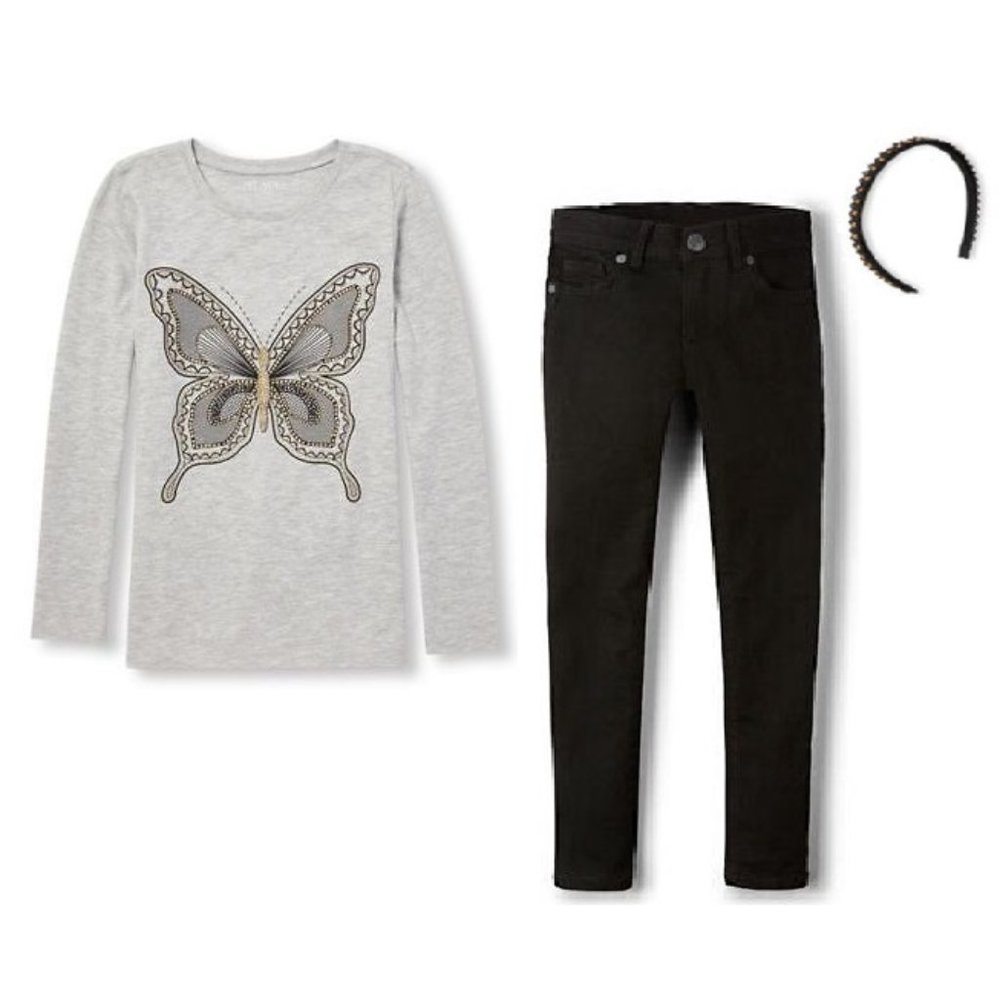 NEW The Children's Place 3pc Set Glitter BUTTERFLY Tee, Skinny Jeans, Headband